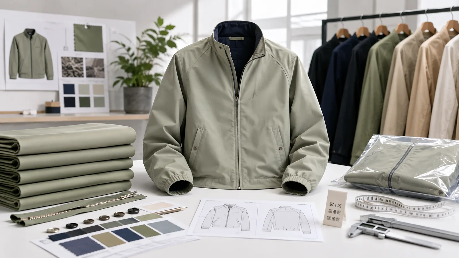 Approved pre-production clothing sample with material trim measurement and packaging references