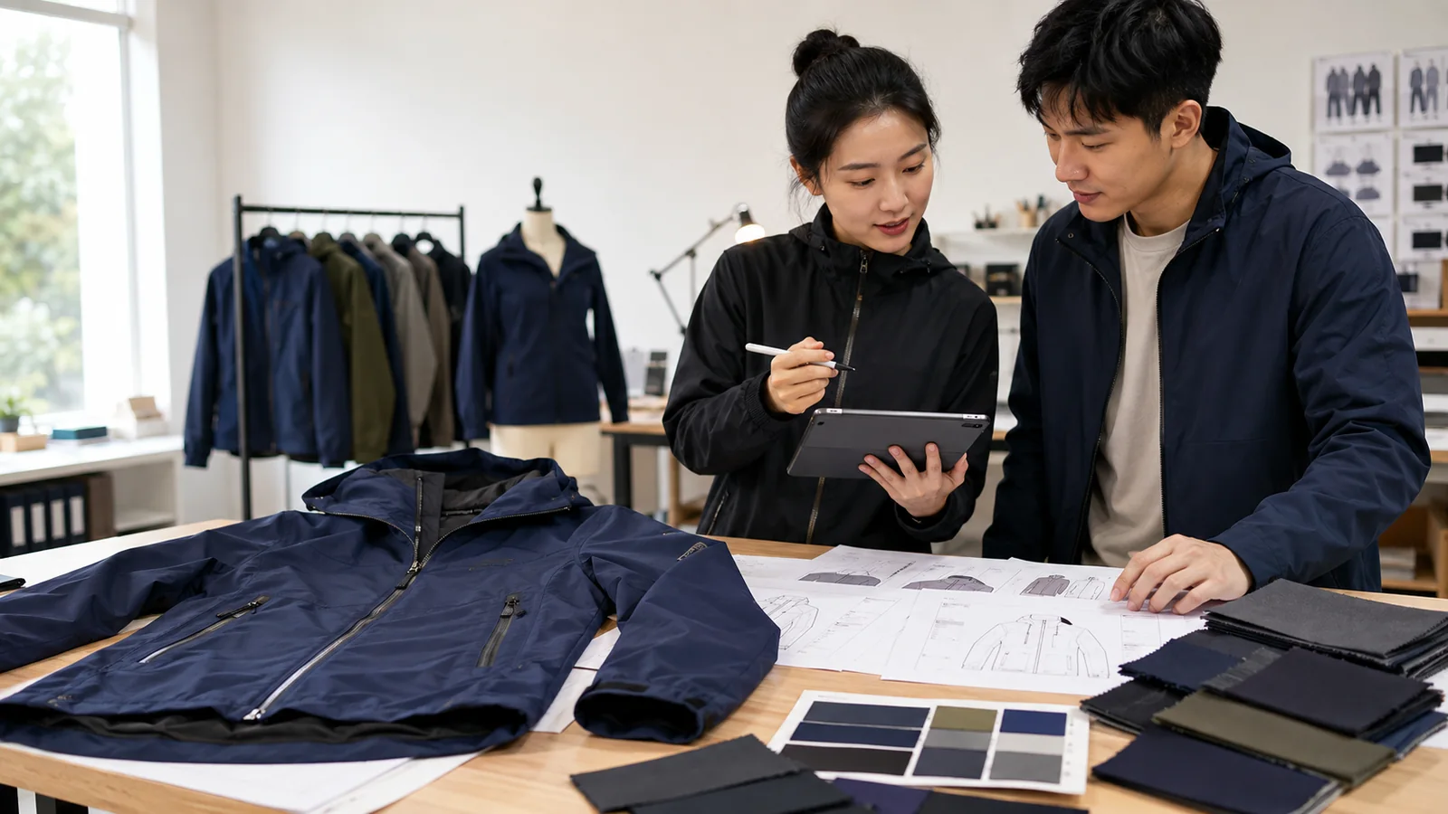 Chinese technical designer and fashion brand founder reviewing a clothing tech pack and jacket sample