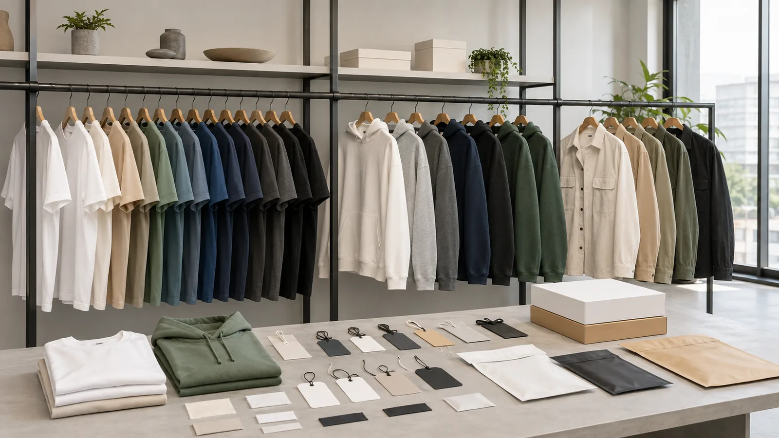 White label clothing selection with ready-made blank garments and branding options